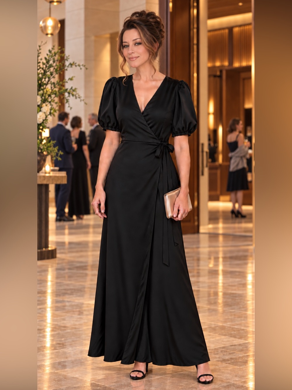 NWOT Express Black Satin Wrap Maxi Dress with Puff Sleeves L